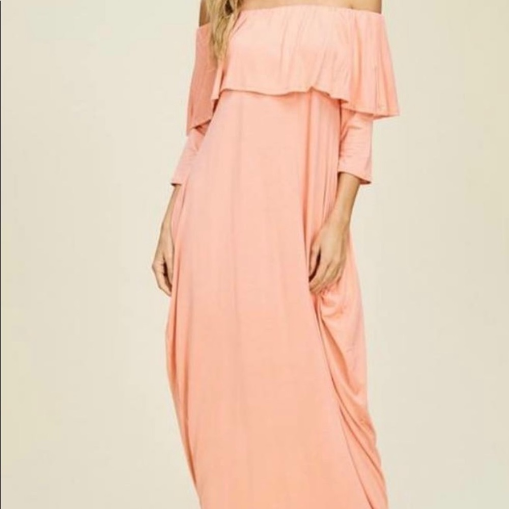 Off the should 3/4 sleeve dress. Peach. NWOT - Picture 2 of 2